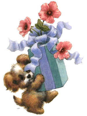 dog holding a vase with flowers