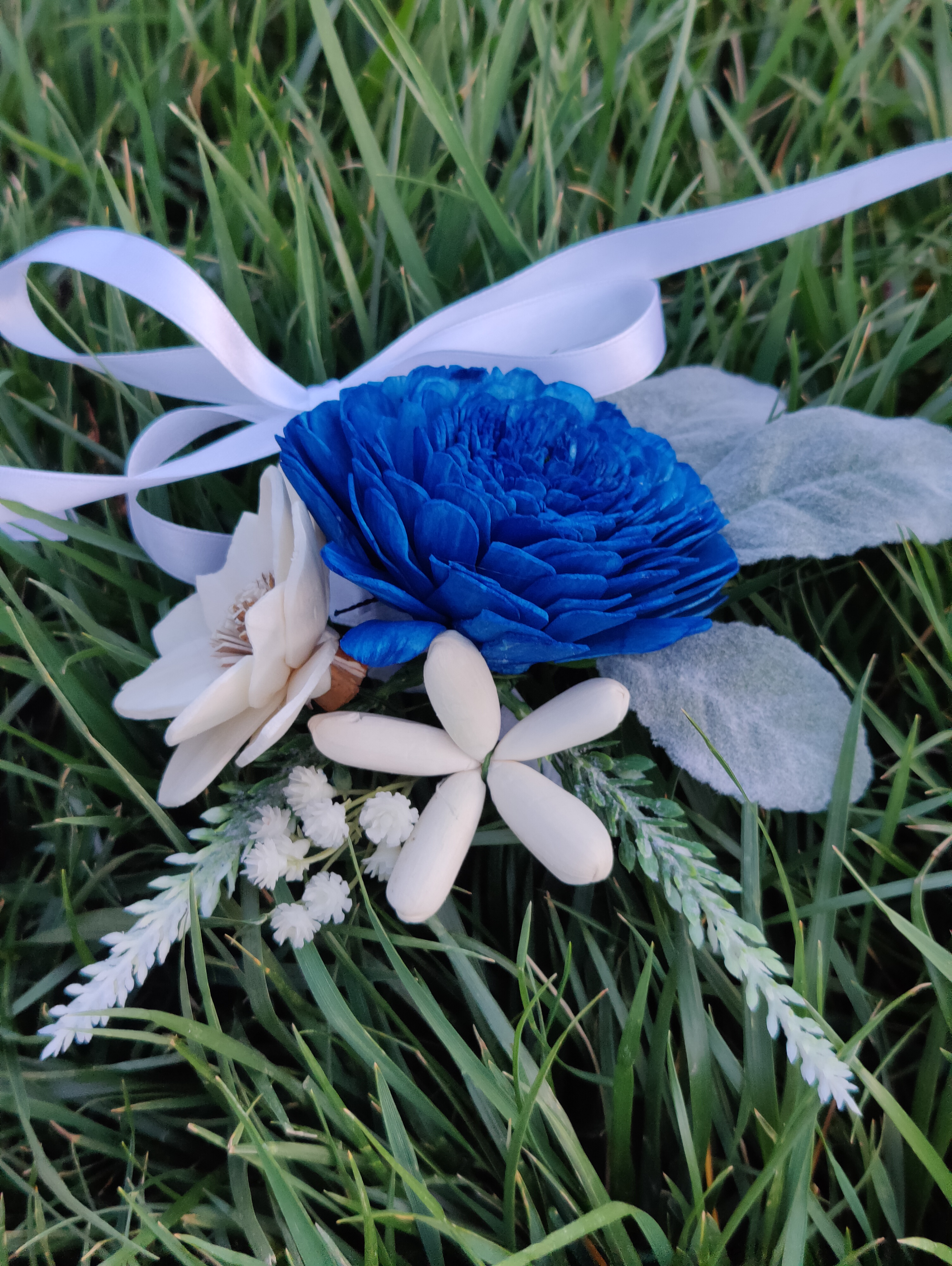 blue and white dance corsage