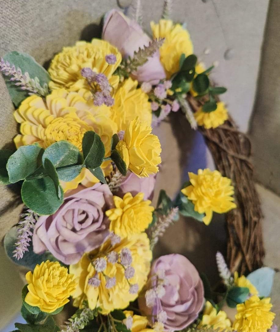 close up of lavender and yellow wreath