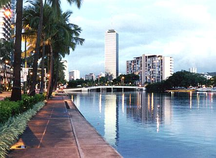 Reflected sunrise along the Ala Wai Canal