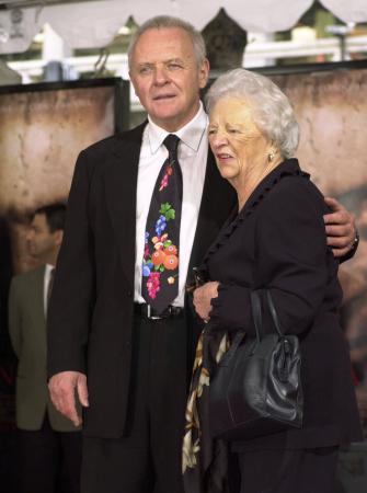 British actor Anthony Hopkins poses with his mother, Muriel Hopkins, after he got his hands and feet in cement at the Mann's Chinese Theater in the Hollywood section of Los Angeles, Thursday, Jan. 11, 2001. Photo by Chris Pizzello (AP)