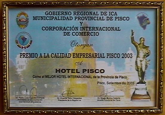 Latest Industry Award for Hotel Pisco 2003