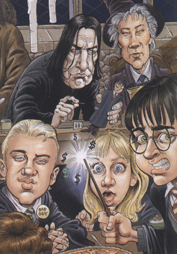 LMFAO!!! Dig the Snape with the Voodoo Harry! Stick that little bastid, Sevvie! (Oh dear god, did I just call him Sevvie?! Dammit. MUST stop reading gratuitous fangirl posts. Eep.)&nbsp; lol. Draco looks just slapabley smarmy here, too. I love 'im ;)