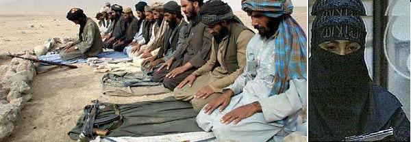 Taliban in Salah (left) and right, Chechyan 'Black Widow' prepares to die for ISLAM and Freedom on Oct 26, 2002