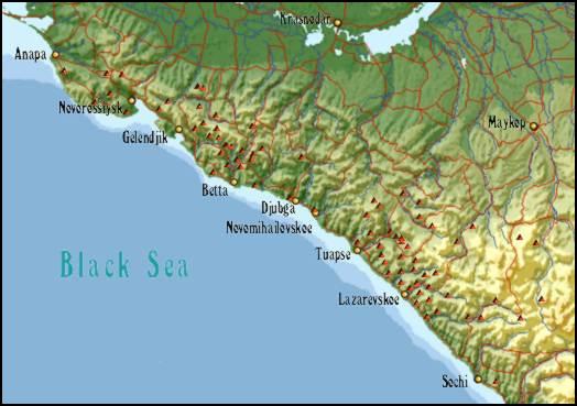 Carte des megalithes de la Russie dans le Caucase / Kaart van de hunebedden van Rusland in de Kaukasus / Karte der Gro�steingr�ber Ru�lands in der Kaukasus / Mapa de las tumbas megal�ticas da Rusia en el C�ucaso
