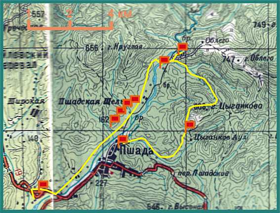 mapa de los dolmns Pshada / carte des dolmen de Pshada / kaart van de hunebedden van Pshada / Karte der Grosteingrber Pshadas