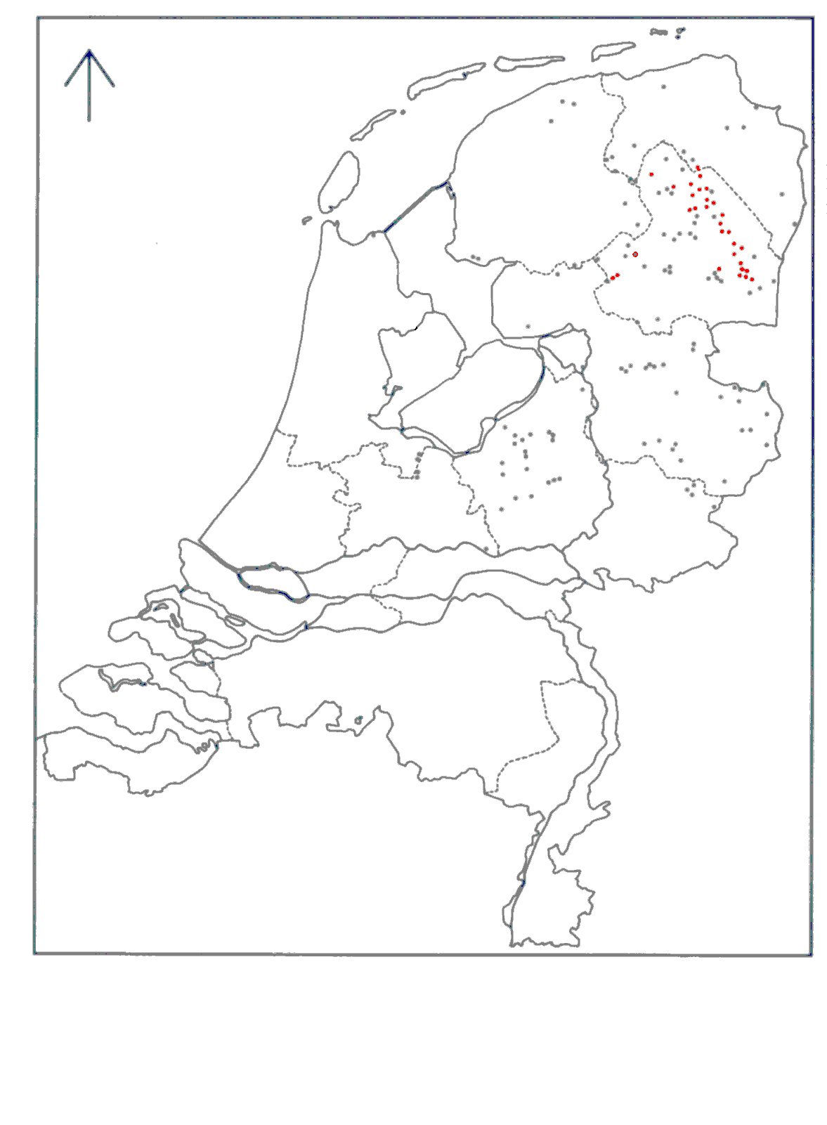Distribution of the Funnel-Beaker culture in the Netherlands (red dots are megalithic tombs) / Verspreiding van de trechterbeker-cultuur in Nederland (rode stippen zijn hunebedden) / Verbreitung der Trichterbecherkultur in der Niederlande (rote Punkte sind die Gro�steingr�ber) / Distibution de la culture des gobelets en entonnoir aux Pays-Bas (les pointes rouges sont les all�es couvertes) / La propagaci�n geogr�fica de la cultura de los vasos de embudo en los Paises Bajos (los puntos rojos est�n las tumbas megal�ticas)