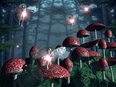 Faeries dancing among some mushrooms