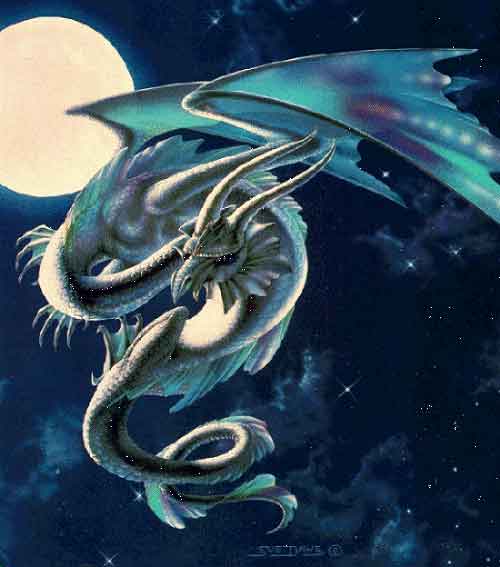 A pretty blue dragon flying at night.