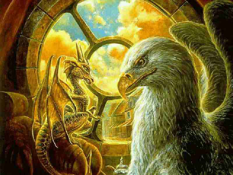 A golden baby dragon and a Griffen.