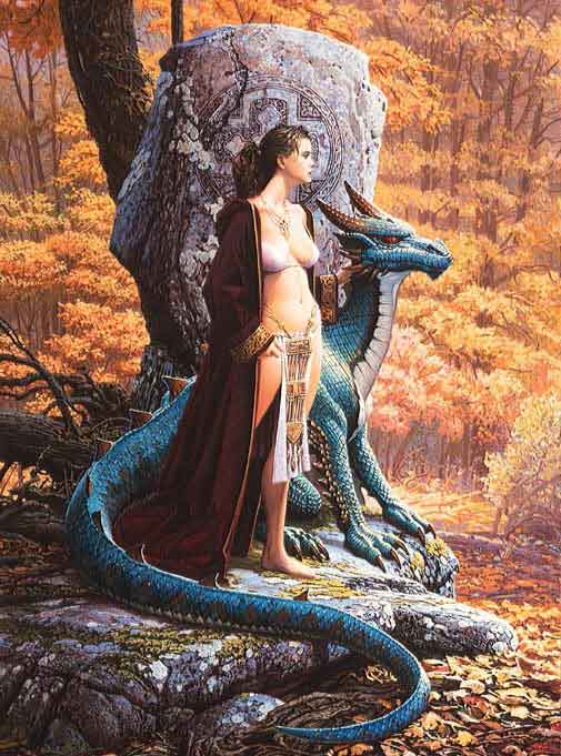 A female warrior and a dragon.