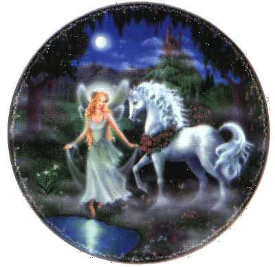 Unicorn being lead to water by a faerie