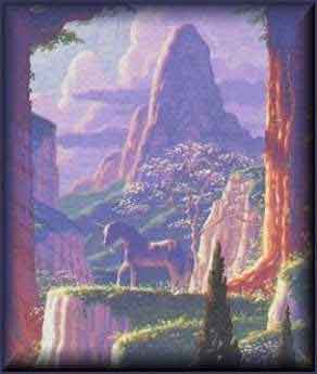 Unicorn at the base of a mountain.