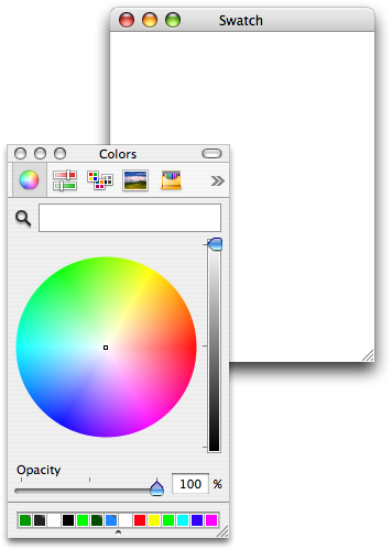 A screenshot of the swatch window, set to white, with the Color Panel in front of it.