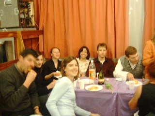 Relaxing afterwards with fizzy drinks and pizza