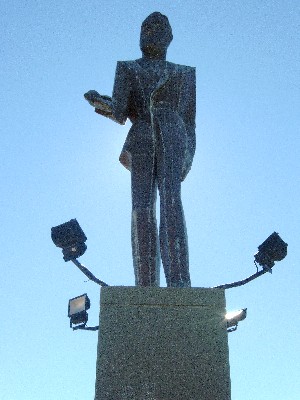 Statue of Lewis Jones, after whom the town was named. Looks like the Wicker Man to me!