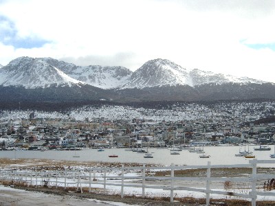 From the other side of the bay, with Ushuaia in the foreground and the mountains behind
