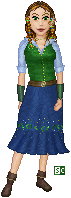 This is supposed to be dressy for visiting a village market, so Dayna is wearing a skirt and no visible weapons. (The boots being a concession to bad streets.)
