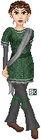 Kit wears green and silver, the personal colors of the Royal House. (The kingdom's colors are blue and gold, but royal guards are considered to be part of the king's personal household.)