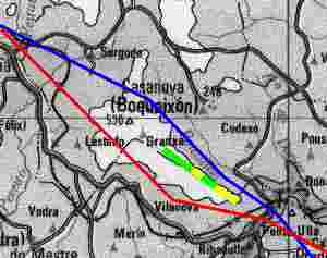 Trazados del AVE. Amarillo: cuadr�culas mineras en explotaci�n. Verde: cudr�culas mineras paralizadas
