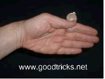 Coin is attached to the palm near the base of the fingers. It can be easily flipped up from this position and grabbed between the thumb and finger.