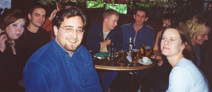 In a London pub for the Christmas 2000 reunion... from left: Swedish Hanna and Jonas, Yours truly, Belgian Antoine, Daimon and Audrey from South Africa, and Danish Linda