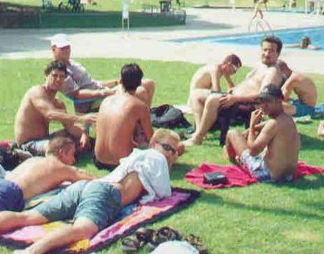 Chillin' at the pool... I'm the pregnant guy sitting on the lawn chair