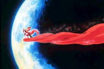 Fluffy is nothing BUT weird. First he carries around a fluffy boa, then he flys on a red cloud of...whatever that is. Weirdo!