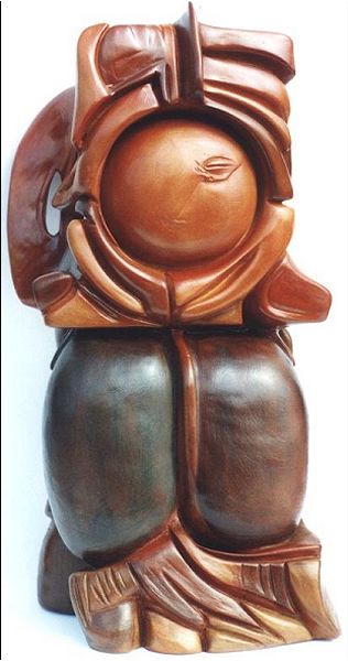 Donna uccellina - terracotta patinata, cm.50x12x16, A. 2001