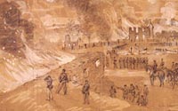 Union troops passing thru a burning Richmond, April 1864