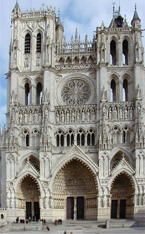 The western facade of Notre-Dame de Amiens with High Gothic sculpture and nave of 42.3 meter height.