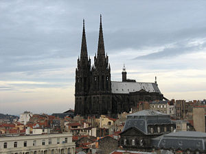 The black Clermont-Ferrand cathedral with its twin 108 meters tall spires.