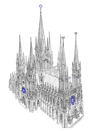 Gothic synagogue, modelled after a drawing by Viollet-Le-Duc. Notice the Halo around the Magen David in the centeral spire and the blue Star of David on the rose windows.