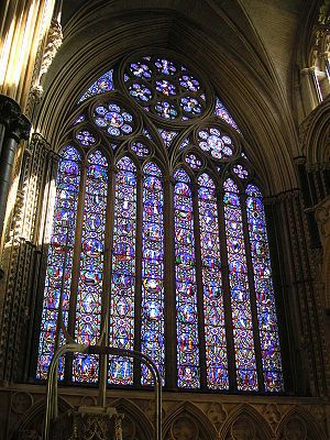 Gothic window with stained-glass, Lincoln cathedral.