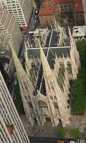 High view of St. Patrick cathedral in New York city, from Rockeffeler center.