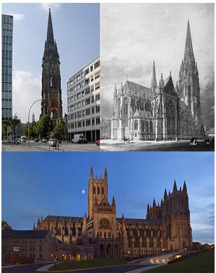 Nikolaikirche, Hamburg - once the tallest structure with 147 meters spires (above). Washington National cathedral - USA Gothic revival (below).