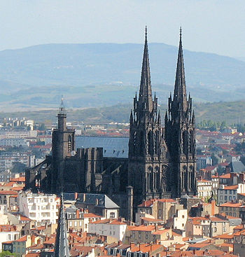 Clermont-Ferrand cathedral (Notre-Dame de l'Assomption) towers above the city roofs with dominating 108 meters tall spires.