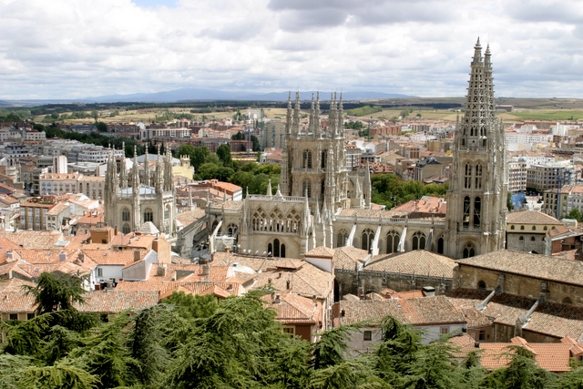 Burgos cathedral, with two Flamboyant spires and an octogonal tower crowned with 8 spires. Burgos, Spain.