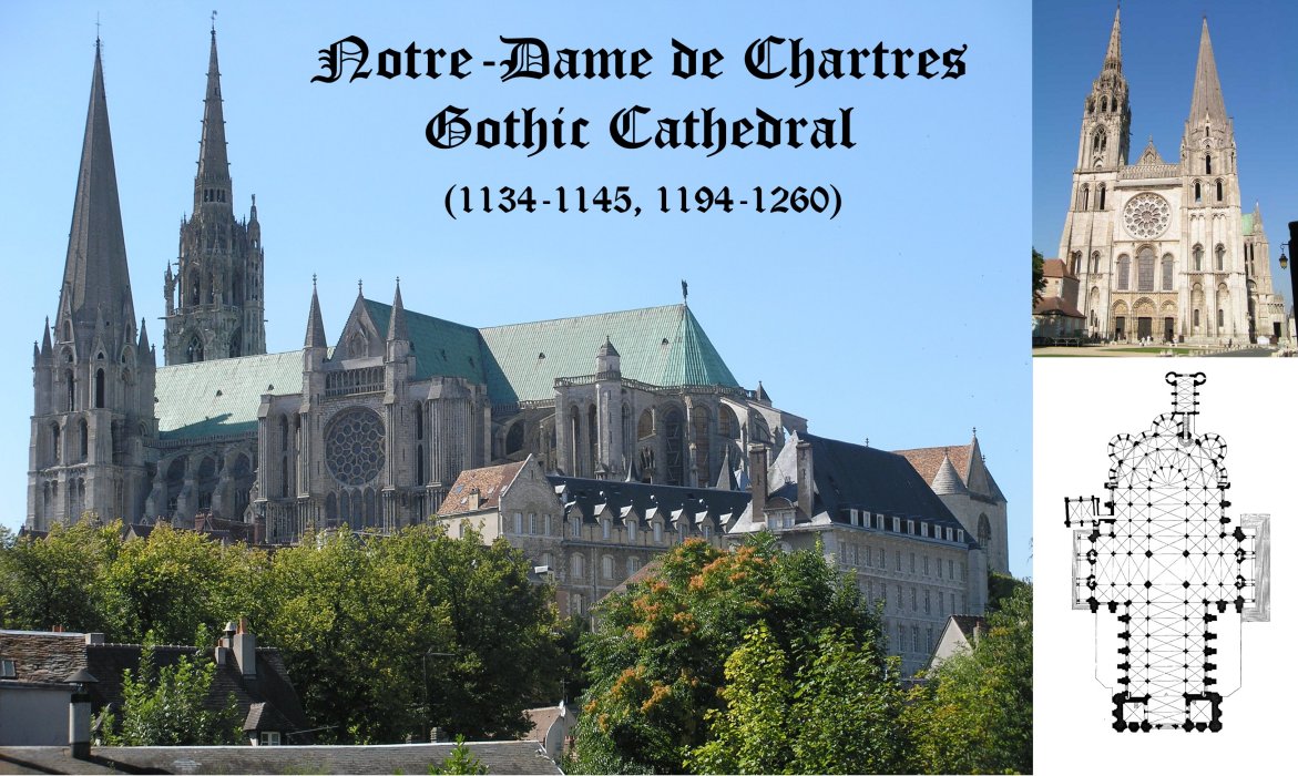 Notre-Dame de Chartres - masterpiece of High Gothic (1134-1145, 1194-1260) with 12th and 16th century spires, three tiers of flying buttresses and Chartres Blue stained-glass windows.