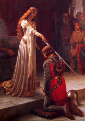 The Accolade, by Edmund Blair Leighton. A red-haired princess beknighting a valiant knight.