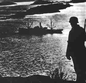 A German ship goes out of a fjord
