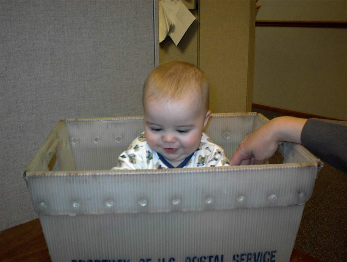 Helping Mom at work, sorting mail!