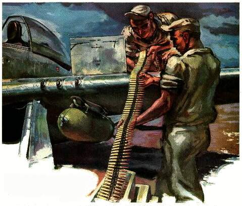 Wartime ad featuring crewmen arming a P-51