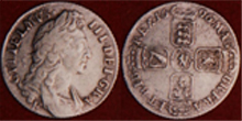 No 185 - King William III Shilling First Bust 1696 E for Exeter below bust English Milled Coin