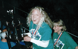 Crosby Ronning and Grace Fuller with the 1996 2nd place trophy for OMvention