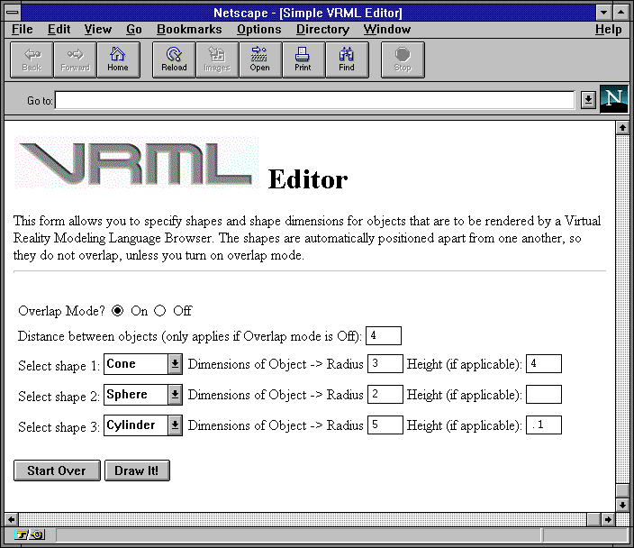 Netscape window showing
Simple VRML Editor form