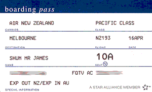 boarding pass from Christchurch to Melbourne