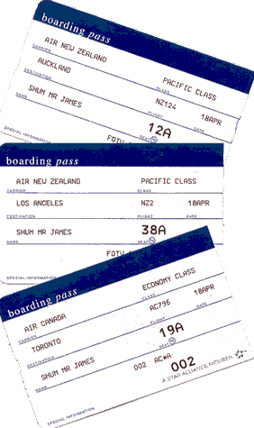 boarding passes from Melbourne to Auckland, Auckland to Los Angeles, Los Angeles to Toronto