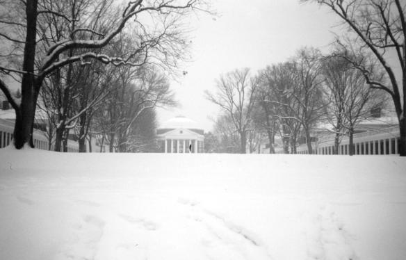 The UVA Rotunda and Lawn covered in snow