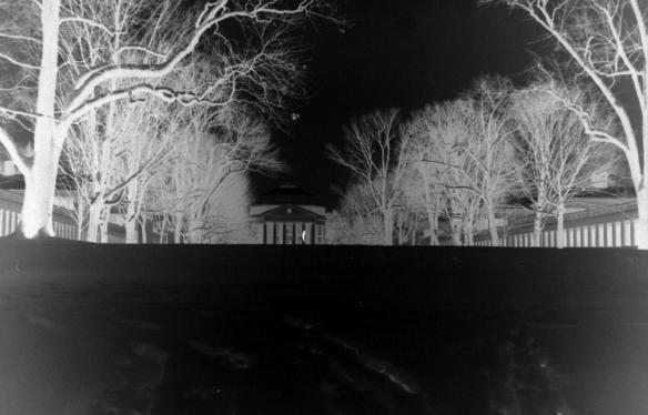 The negative of the UVA Rotunda and Lawn covered in snow